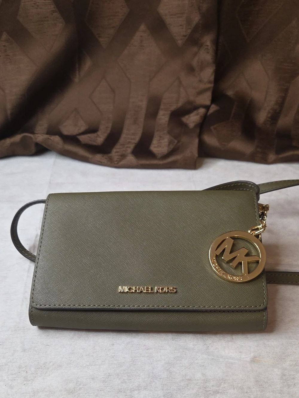 Michael Kors Olive Green Crossbody Wallet with Gold MK Charm